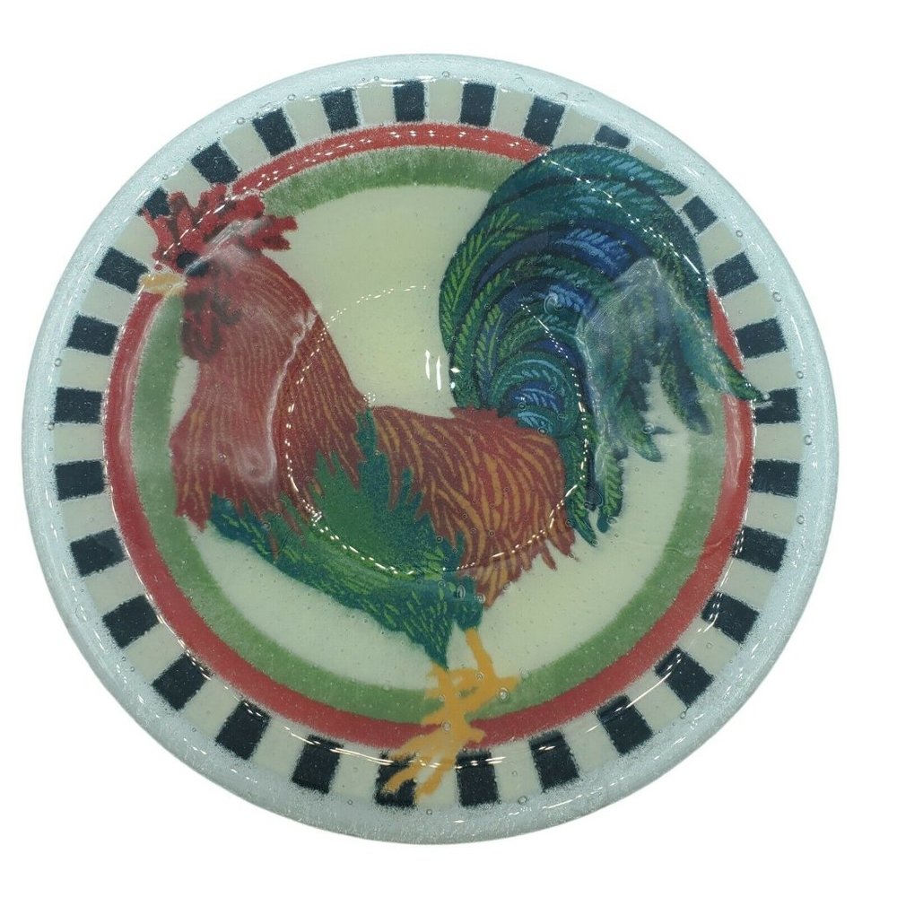 Peggy Karr Signed Round Red Rooster Fused Art Glass Bowl Cottagecore Black Edge